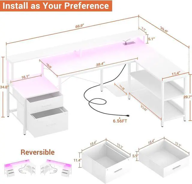 Alt view image 2 of 5 - 66" L Shaped Desk with File Drawer, Reversible L Shaped Computer Desk with Power Outlet & LED Strip, Gaming Desk with Long Monitor Stand, Office Desk Corner Desk with Storage Shelf, White