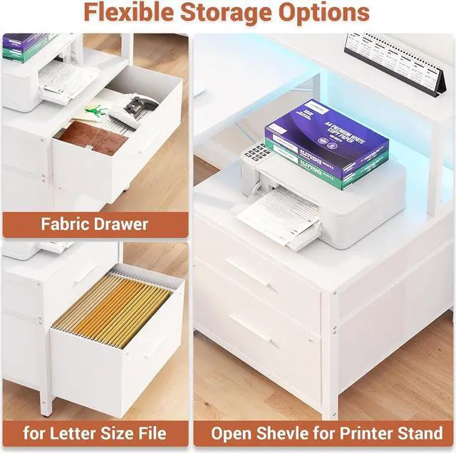 Alt view image 4 of 5 - 66" L Shaped Desk with File Drawer, Reversible L Shaped Computer Desk with Power Outlet & LED Strip, Gaming Desk with Long Monitor Stand, Office Desk Corner Desk with Storage Shelf, White