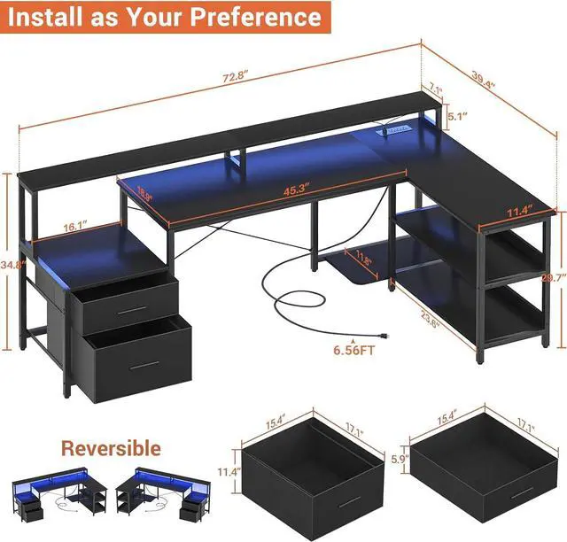 Alt view image 2 of 6 - 72.8" L Shaped Desk with File Drawer, Reversible L Shaped Computer Desk with Power Outlet & LED Strip, Gaming Desk with Long Monitor Stand, Office Desk Corner Desk with Storage Shelf, Black