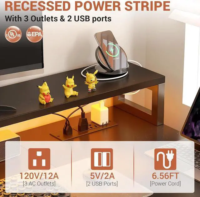 Alt view image 5 of 6 - 72.8" L Shaped Desk with File Drawer, Reversible L Shaped Computer Desk with Power Outlet & LED Strip, Gaming Desk with Long Monitor Stand, Office Desk Corner Desk with Storage Shelf, Black