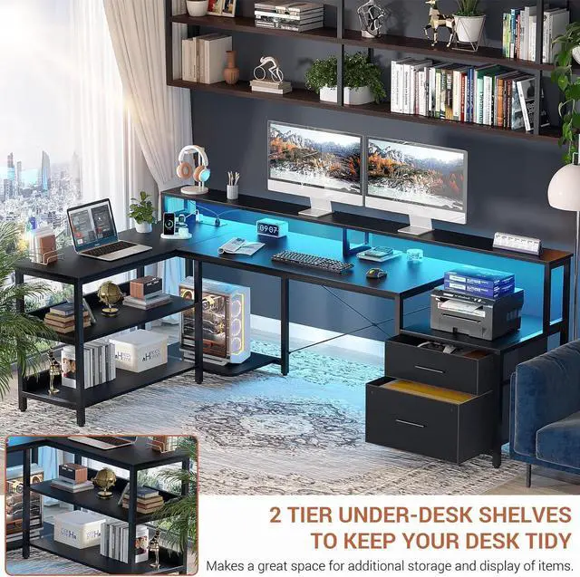 Alt view image 6 of 6 - 72.8" L Shaped Desk with File Drawer, Reversible L Shaped Computer Desk with Power Outlet & LED Strip, Gaming Desk with Long Monitor Stand, Office Desk Corner Desk with Storage Shelf, Black
