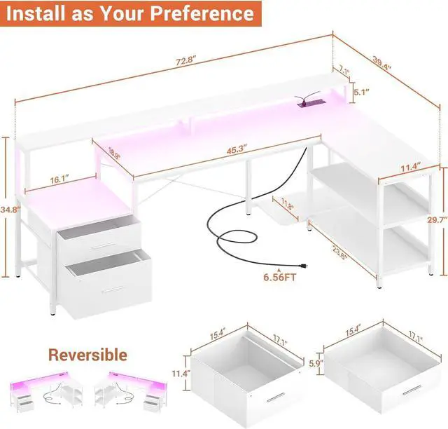 Alt view image 2 of 7 - 72.8" L Shaped Desk with File Drawer, Reversible L Shaped Computer Desk with Power Outlet & LED Strip, Gaming Desk with Long Monitor Stand, Office Desk Corner Desk with Storage Shelf, White