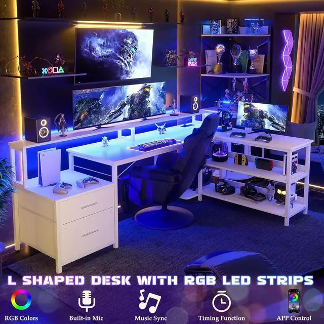 Alt view image 3 of 7 - 72.8" L Shaped Desk with File Drawer, Reversible L Shaped Computer Desk with Power Outlet & LED Strip, Gaming Desk with Long Monitor Stand, Office Desk Corner Desk with Storage Shelf, White