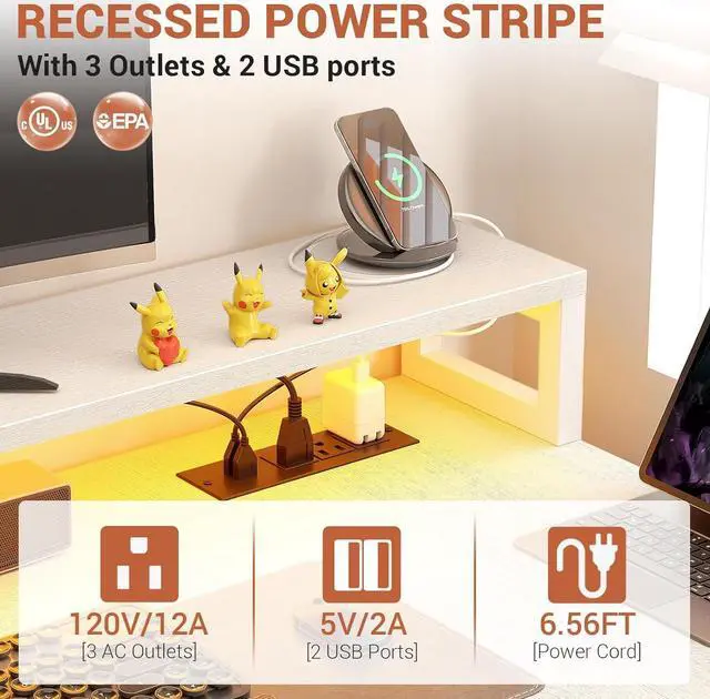 Alt view image 6 of 7 - 72.8" L Shaped Desk with File Drawer, Reversible L Shaped Computer Desk with Power Outlet & LED Strip, Gaming Desk with Long Monitor Stand, Office Desk Corner Desk with Storage Shelf, White