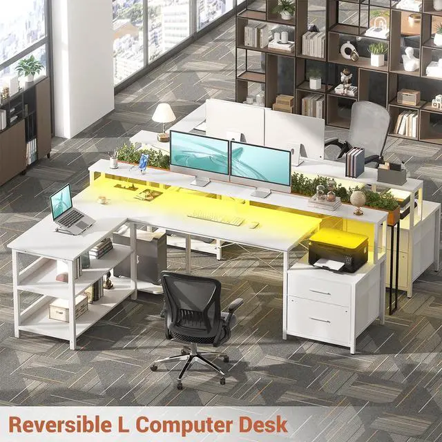 Alt view image 5 of 7 - 72.8" L Shaped Desk with File Drawer, Reversible L Shaped Computer Desk with Power Outlet & LED Strip, Gaming Desk with Long Monitor Stand, Office Desk Corner Desk with Storage Shelf, White
