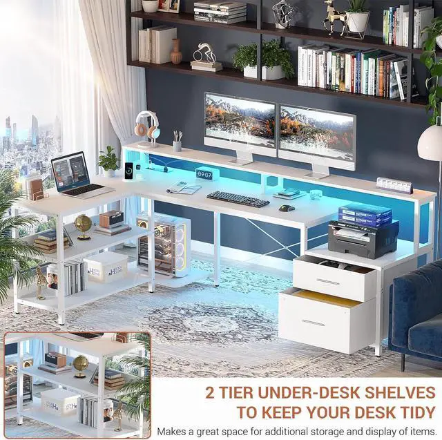 Alt view image 7 of 7 - 72.8" L Shaped Desk with File Drawer, Reversible L Shaped Computer Desk with Power Outlet & LED Strip, Gaming Desk with Long Monitor Stand, Office Desk Corner Desk with Storage Shelf, White