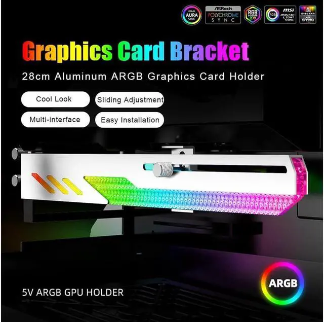 Alt view image 4 of 7 - Graphics Card GPU Support Bracket, 5V 3Pin ARGB Dual Interface & Small 4Pin Interface RGB Video Card Holder, 2 PCIE Slots Easy Installation GPU Bracket for 99% Cases - White