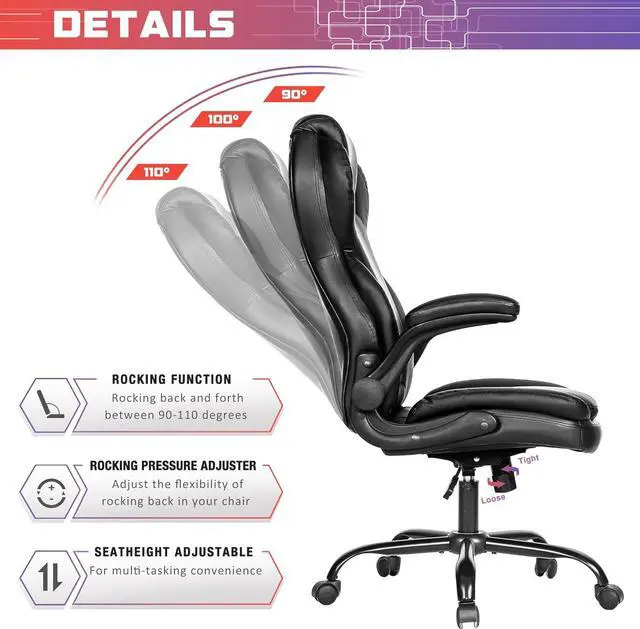 Alt view image 6 of 7 - Big and Tall Office Chair 400lbs-Heavy Duty Executive Desk Chair with Extra Wide Seat, High Back Ergonomic Leather Computer Chair with Tilt Rock&Tension, Padded Armrests-Black