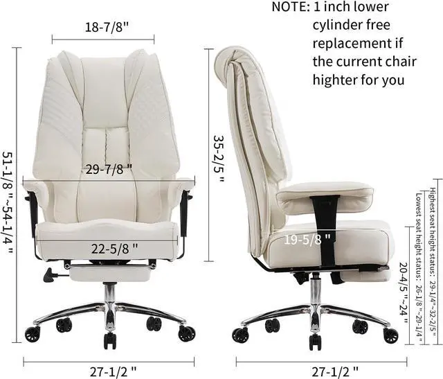 Alt view image 2 of 7 - Big and Tall Office Chair 400lbs Wide Seat, Leather High Back Executive Office Chair with Foot Rest, Ergonomic Office Chair Lumbar Support for Lower Back Pain Relief (White)