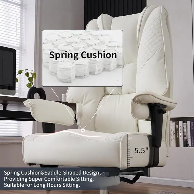 Alt view image 4 of 7 - Big and Tall Office Chair 400lbs Wide Seat, Leather High Back Executive Office Chair with Foot Rest, Ergonomic Office Chair Lumbar Support for Lower Back Pain Relief (White)