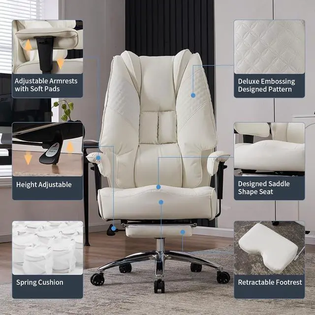 Alt view image 3 of 7 - Big and Tall Office Chair 400lbs Wide Seat, Leather High Back Executive Office Chair with Foot Rest, Ergonomic Office Chair Lumbar Support for Lower Back Pain Relief (White)