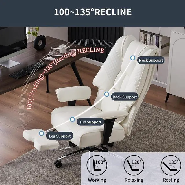 Alt view image 5 of 7 - Big and Tall Office Chair 400lbs Wide Seat, Leather High Back Executive Office Chair with Foot Rest, Ergonomic Office Chair Lumbar Support for Lower Back Pain Relief (White)