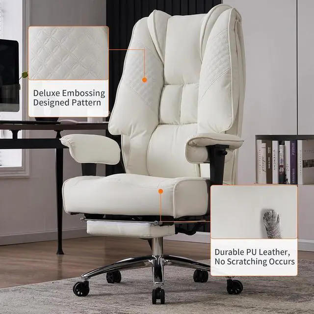 Alt view image 6 of 7 - Big and Tall Office Chair 400lbs Wide Seat, Leather High Back Executive Office Chair with Foot Rest, Ergonomic Office Chair Lumbar Support for Lower Back Pain Relief (White)