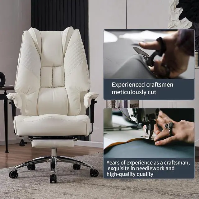 Alt view image 7 of 7 - Big and Tall Office Chair 400lbs Wide Seat, Leather High Back Executive Office Chair with Foot Rest, Ergonomic Office Chair Lumbar Support for Lower Back Pain Relief (White)