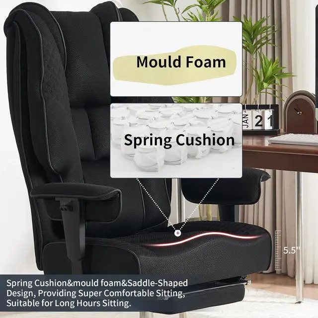 Alt view image 4 of 7 - Big and Tall Office Chair 400lbs Wide Seat, Mesh High Back Executive Office Chair with Foot Rest, Ergonomic Breathable Office Chair Lumbar Support for Lower Back Pain Relief (Mesh Black)