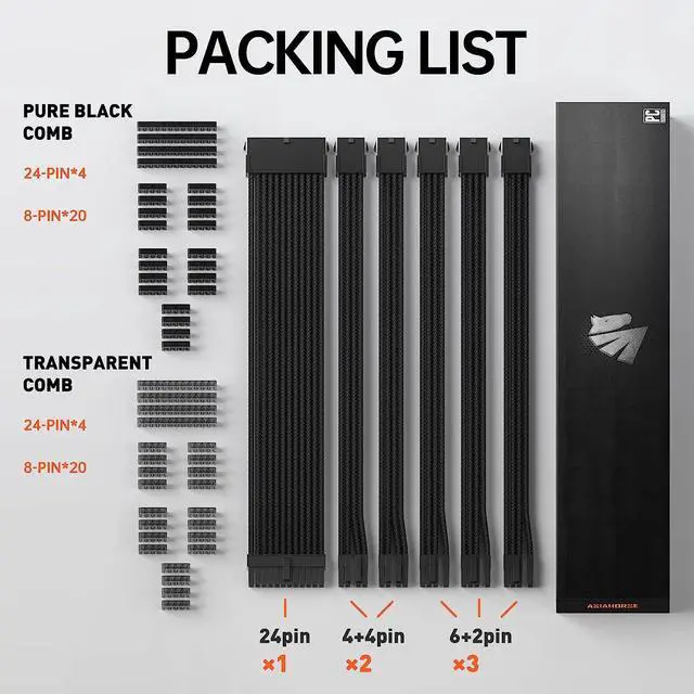 Alt view image 2 of 7 - 16AWG Pro Power Supply Sleeved Cable for Power Supply Extension Cable Wire Kit 1x24-PIN/ 2x8-PORT (4+4) M/B,3x8-PORT (6+2) PCI-E 30cm Length with Combs(Dual EPS Black)