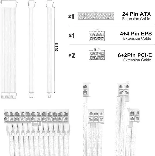 Alt view image 2 of 4 - PSU Cable Extension Kit 30CM Length with Cable Combs 1x24Pin/1x8Pin(4+4) EPS/2x8Pin(6P+2P) PCI-E/PC Sleeved Cable for ATX Power Supply(White)