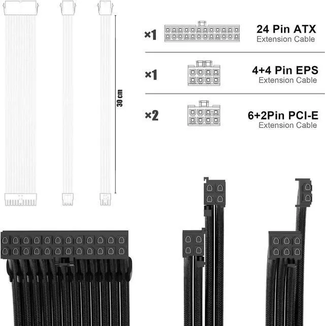 Alt view image 3 of 5 - PSU Cable Extension Kit 30CM Length with Cable Combs 1x24Pin/1x8Pin(4+4) EPS/2x8Pin(6P+2P) PCI-E/PC Sleeved Cable for ATX Power Supply(Black)