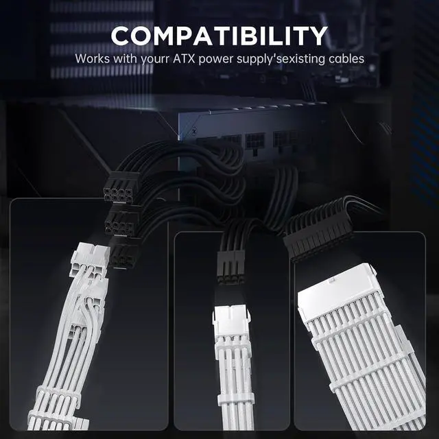 Alt view image 4 of 6 - 12VHPWR Cable Extension Kit, 16AWG Pcie 5.0 PSU Cable Extension Kit Soft Braided Power Supply Cable Extension, 24pin ATX /4+4pin EPS /12+4pin, 30CM Length with Cable Combs - White