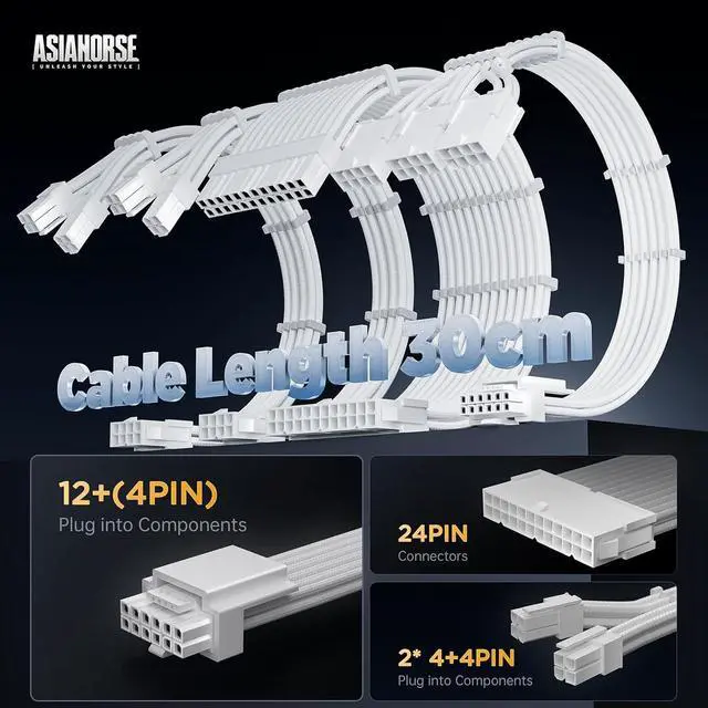 Alt view image 2 of 6 - 12VHPWR Cable Extension Kit, 16AWG Pcie 5.0 PSU Cable Extension Kit Soft Braided Power Supply Cable Extension, 24pin ATX /4+4pin EPS /12+4pin, 30CM Length with Cable Combs - White