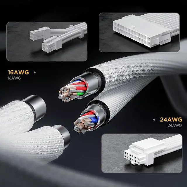 Alt view image 5 of 6 - 12VHPWR Cable Extension Kit, 16AWG Pcie 5.0 PSU Cable Extension Kit Soft Braided Power Supply Cable Extension, 24pin ATX /4+4pin EPS /12+4pin, 30CM Length with Cable Combs - White