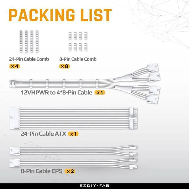 Alt view image 5 of 5 - PCIE 5.0 12VHPWR Sleeved Cable Kit, 16AWG Power Supply Cable Extension, PC PSU Sleeved Cable, 24PIN-ATX/(4+4) PIN-EPS/(12+4) PIN to 4X 8 PIN PCIE- RTX4090/4080/4070Ti Extension Cable- Pure White