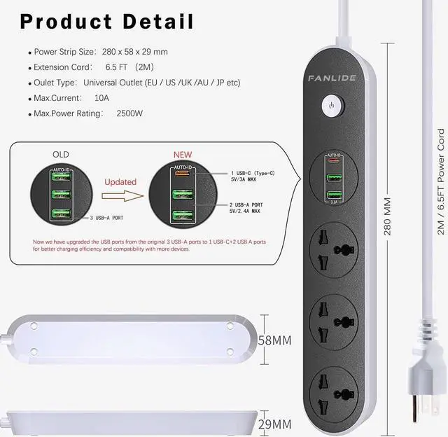 Alt view image 2 of 7 - Power Strip with USB Ports, 6ft Power Cord, 2500W Circuit Breaker, 3 Outlets 3 Quick USB (5V 3.1A) Charging Station, Child Safe Door, for Cruise Ship,Dorm Room Multi Plug Extender