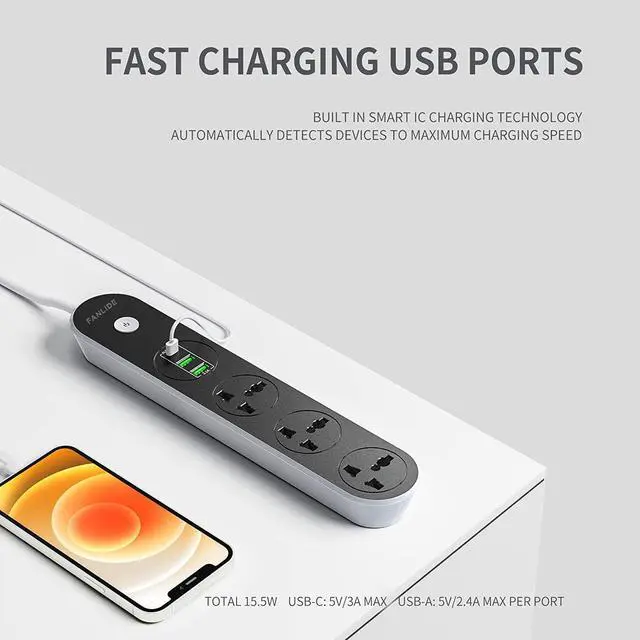 Alt view image 5 of 7 - Power Strip with USB Ports, 6ft Power Cord, 2500W Circuit Breaker, 3 Outlets 3 Quick USB (5V 3.1A) Charging Station, Child Safe Door, for Cruise Ship,Dorm Room Multi Plug Extender