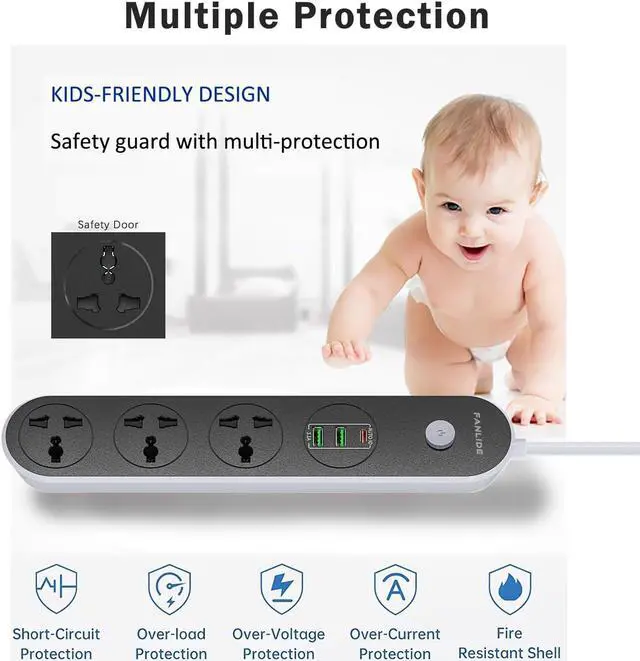Alt view image 3 of 7 - Power Strip with USB Ports, 6ft Power Cord, 2500W Circuit Breaker, 3 Outlets 3 Quick USB (5V 3.1A) Charging Station, Child Safe Door, for Cruise Ship,Dorm Room Multi Plug Extender