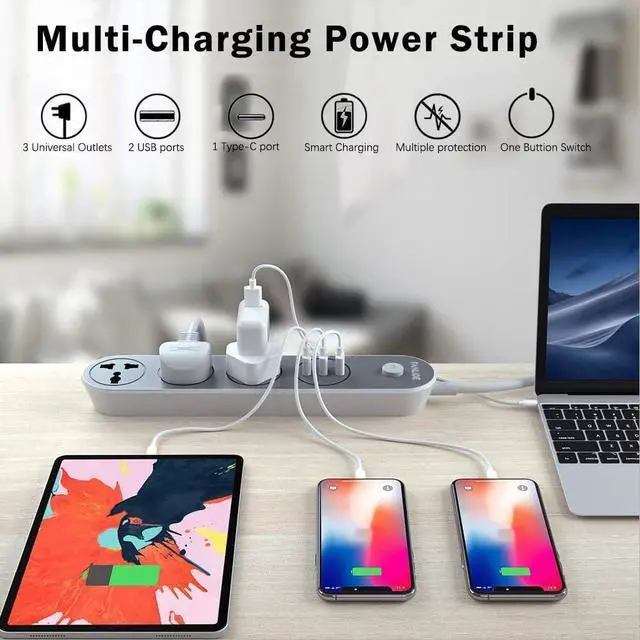 Alt view image 7 of 7 - Power Strip with USB Ports, 6ft Power Cord, 2500W Circuit Breaker, 3 Outlets 3 Quick USB (5V 3.1A) Charging Station, Child Safe Door, for Cruise Ship,Dorm Room Multi Plug Extender