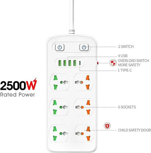 Alt view image 3 of 6 - Universal Power Strip with USB and Type C Port, Surge Protector with 6 Universal Oulets and 4 USB, 110-250V, 6.5ft Extension Lead 2500W for European Travel, Home Office