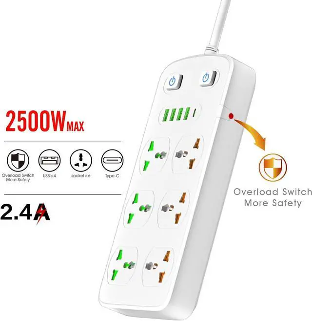 Alt view image 2 of 6 - Universal Power Strip with USB and Type C Port, Surge Protector with 6 Universal Oulets and 4 USB, 110-250V, 6.5ft Extension Lead 2500W for European Travel, Home Office