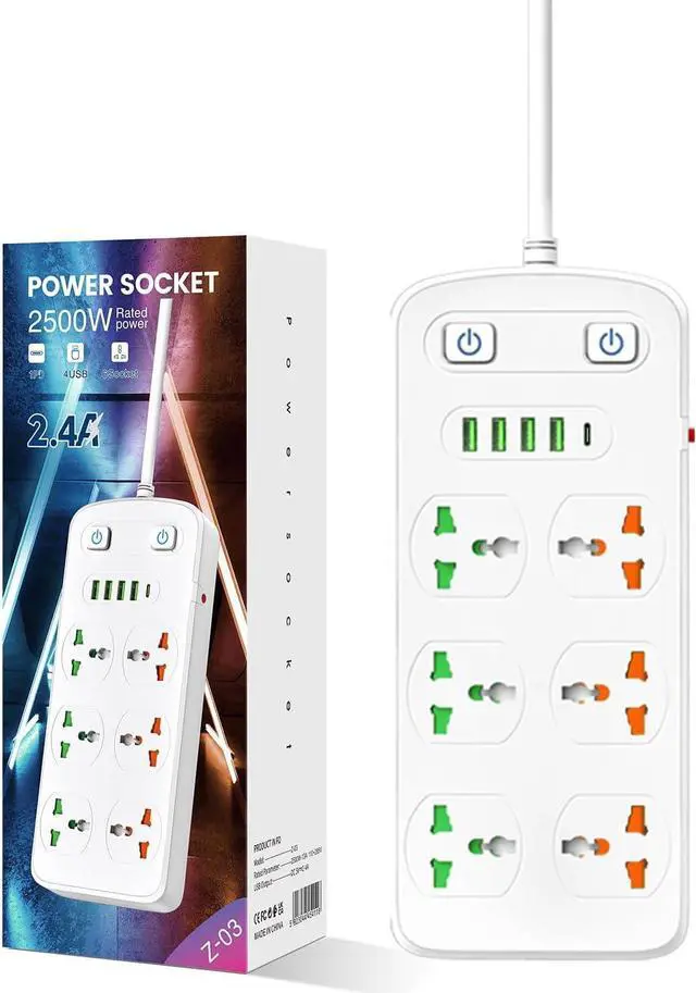 Main image of Universal Power Strip with USB and Type C Port, Surge Protector with 6 Universal Oulets and 4 USB, 110-250V, 6.5ft Extension Lead 2500W for European Travel, Home Office