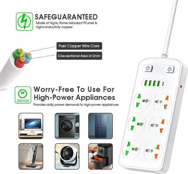Alt view image 4 of 6 - Universal Power Strip with USB and Type C Port, Surge Protector with 6 Universal Oulets and 4 USB, 110-250V, 6.5ft Extension Lead 2500W for European Travel, Home Office