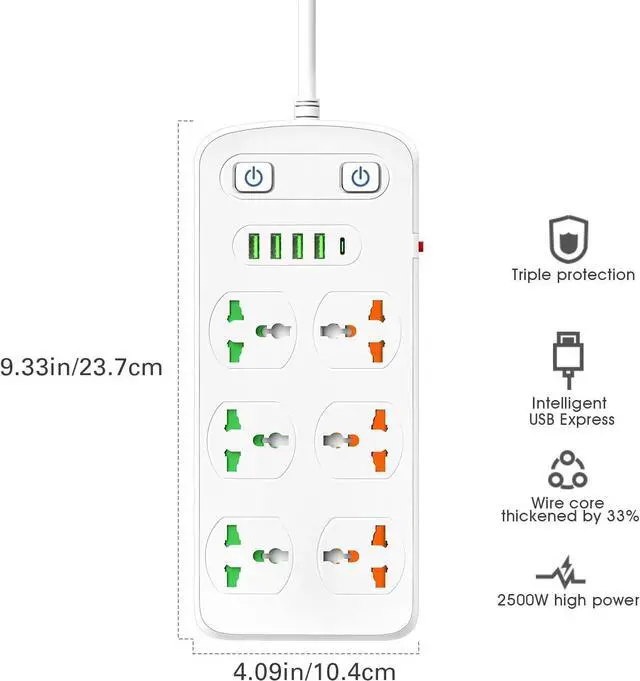 Alt view image 6 of 6 - Universal Power Strip with USB and Type C Port, Surge Protector with 6 Universal Oulets and 4 USB, 110-250V, 6.5ft Extension Lead 2500W for European Travel, Home Office