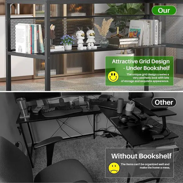 Alt view image 7 of 7 - 55" L Shaped Desk, Reversible Corner Computer Desk with Magic Power Outlets and Smart LED Light, Unique Grid Design, 55 Inch Office Desk with Monitor Stand and Storage Shelf, Black Oak