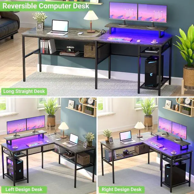Alt view image 6 of 7 - 55" L Shaped Desk, Reversible Corner Computer Desk with Magic Power Outlets and Smart LED Light, Unique Grid Design, 55 Inch Office Desk with Monitor Stand and Storage Shelf, Black Oak