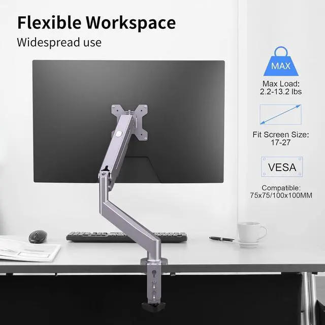 Alt view image 3 of 7 - Monitor Mount Gas Spring Monitor Arm Desk Mount Fully Adjustable Fits 17 20 22 23 24 26 27 inch Monitors Weight Capacity up to 13.2 lbs (Silver)