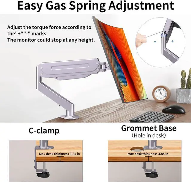 Alt view image 6 of 7 - Monitor Mount Gas Spring Monitor Arm Desk Mount Fully Adjustable Fits 17 20 22 23 24 26 27 inch Monitors Weight Capacity up to 13.2 lbs (Silver)