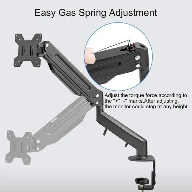 Alt view image 5 of 7 - Monitor Mount Gas Spring Monitor Arm Desk Mount Fully Adjustable Fits 17 20 22 23 24 26 27 inch Monitors Weight Capacity up to 13.2 lbs