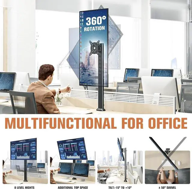 Alt view image 3 of 7 - Single Tall Desk Monitor Arm Mount Stand Fit for 27 inch to 43 inch Flat Curved Computer Screen with Swivel, Height Adjustable, Rotation,Holds up to 77lbs, Black