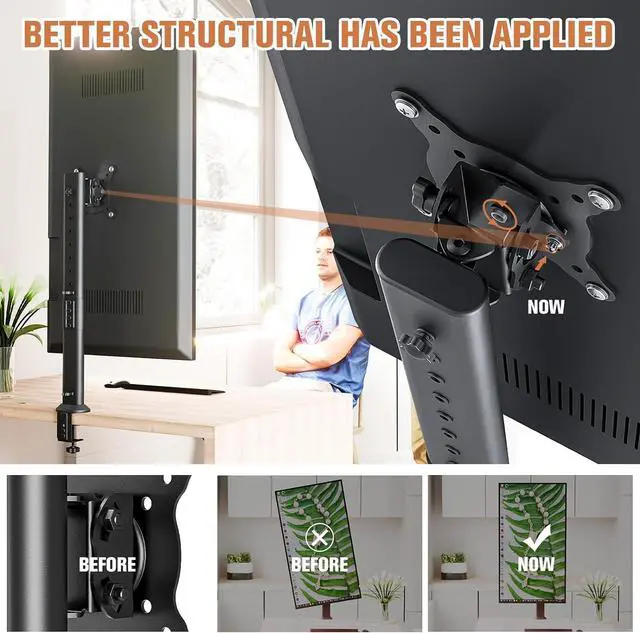 Alt view image 2 of 7 - Single Tall Desk Monitor Arm Mount Stand Fit for 27 inch to 43 inch Flat Curved Computer Screen with Swivel, Height Adjustable, Rotation,Holds up to 77lbs, Black