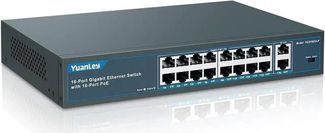 Main image of 16 Port Gigabit PoE Switch with 2 Gigabit Uplink, 16 PoE+ Port 1000Mbps, 250W 802.3af/at, Metal Desktop/Rackmount, Unmanaged Plug and Play Network Switch