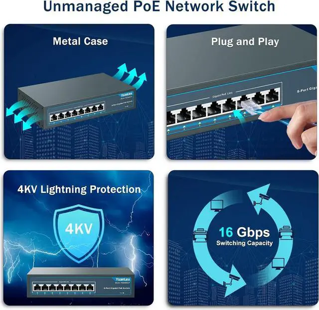 Alt view image 5 of 6 - 8 Port Gigabit PoE Switch, 8 PoE+ Ports 1000Mbps, 120W 802.3af/at, Metal Fanless Unmanaged Plug and Play