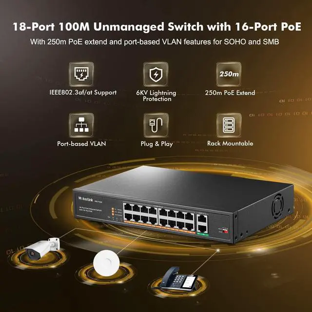 Alt view image 2 of 7 - 16 Port PoE Switch with 2 Gigabit Uplink Ethernet Port, 250W High Power, Support IEEE802.3af/at, Rackmount Unmanaged Plug and Play