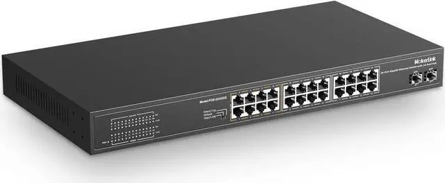 Main image of 26 Port Gigabit PoE Switch, 24 Gigabit PoE+ Ports, 2 Gigabit SFP Uplink, 300W IEEE802.3af/at, Fanless Rackmount Unmanaged Plug and Play Ethernet Switch