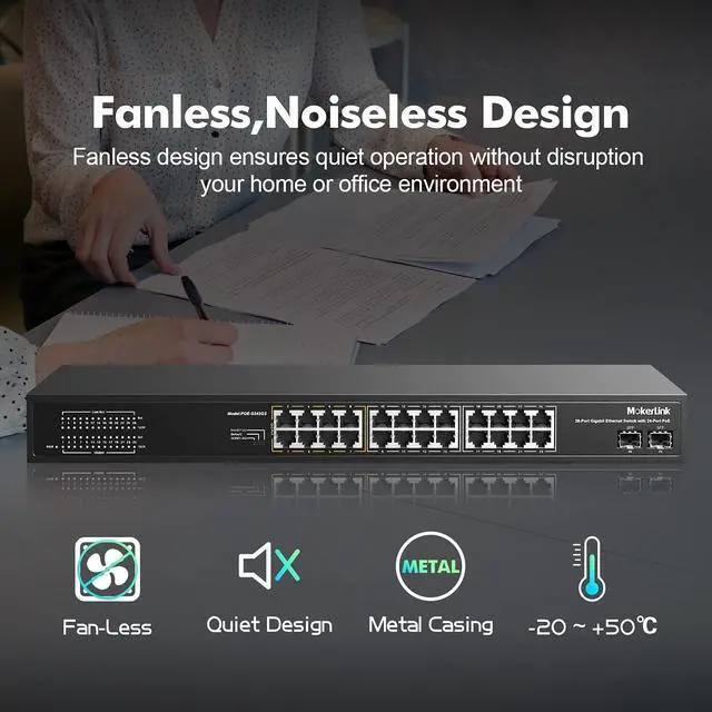 Alt view image 6 of 7 - 26 Port Gigabit PoE Switch, 24 Gigabit PoE+ Ports, 2 Gigabit SFP Uplink, 300W IEEE802.3af/at, Fanless Rackmount Unmanaged Plug and Play Ethernet Switch