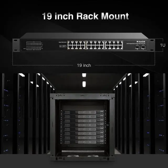 Alt view image 7 of 7 - 26 Port Gigabit PoE Switch, 24 Gigabit PoE+ Ports, 2 Gigabit SFP Uplink, 300W IEEE802.3af/at, Fanless Rackmount Unmanaged Plug and Play Ethernet Switch