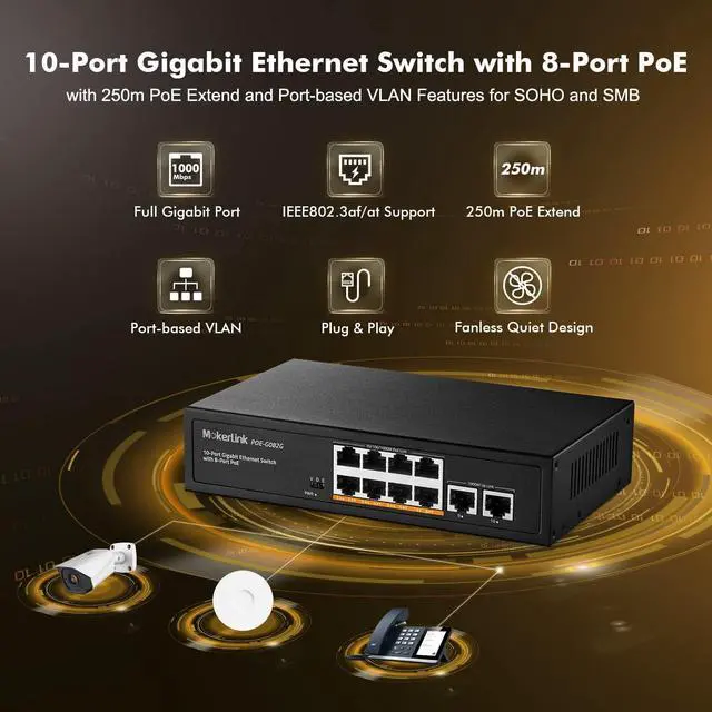 Alt view image 2 of 7 - 10 Port Gigabit PoE Switch, 8 GE PoE+, 2 GE Uplink, 10/100/1000Mbps, 120W 802.3af/at PoE, Fanless Plug & Play Ethernet Switch