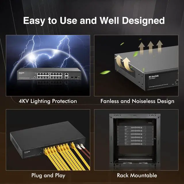 Alt view image 6 of 7 - 20 Port Gigabit PoE Switch, 16 Gigabit PoE+ Ports, 2 Gigabit Uplink, 2 Gigabit SFP, 200W IEEE802.3af/at, Metal Rackmount Unmanaged Plug and Play Ethernet Switch